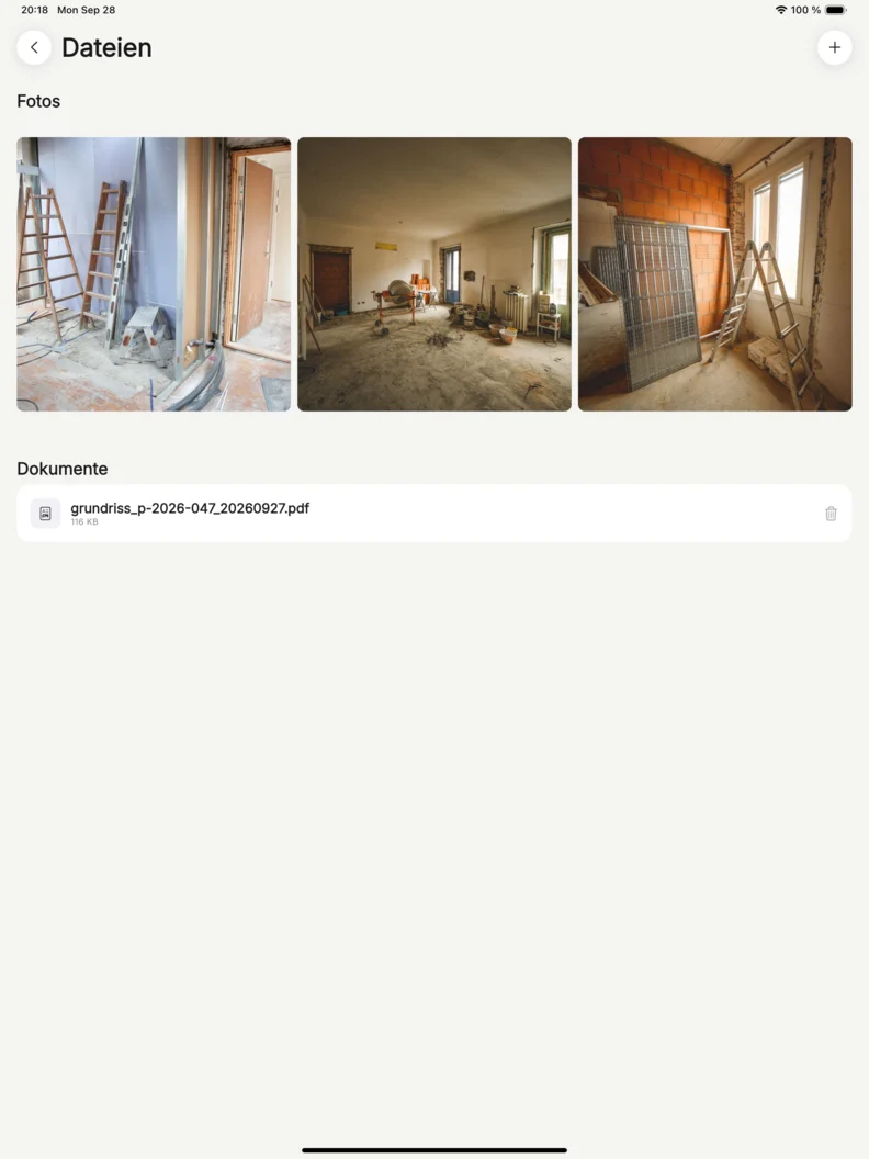 Die Dateiliste des Projekts mit hochgeladenen Dokumenten und Notizen