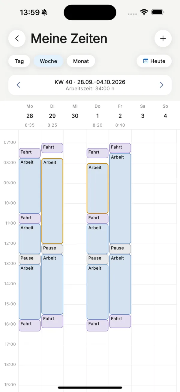 Die Wochenansicht Meine Zeiten in der App mit Blöcken für Fahrt, Arbeit und Pause